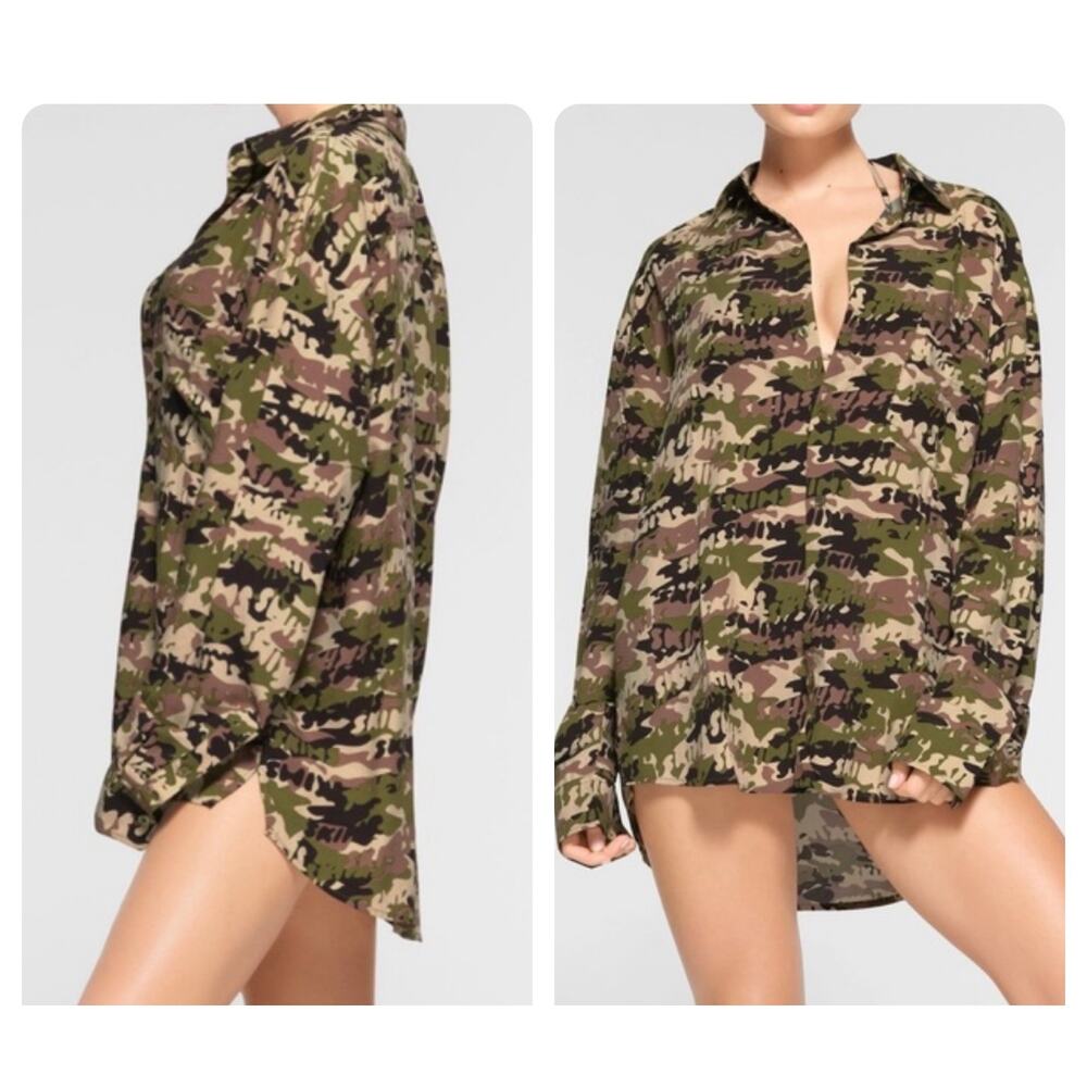 SKIMS Size XS Long Sleeve Button Up Swim Cover Up Logo Camo Army TP-SHR-3493 NWT